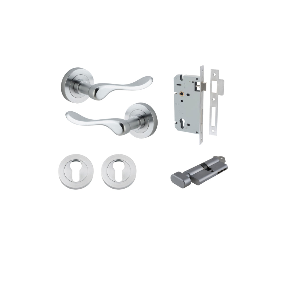 Door Lever Stirling Round Rose Brushed Chrome D52xP64mm Entrance Kit, Mortice Lock Euro Brushed Chrome CTC85mm Backset 60mm, Euro Cylinder Key Thumb 6 Pin Brushed Chrome L70mm KA1, Escutcheon Euro Concealed Fix Round Pair Brushed Chrome D52xP10mm in Brushed Chrome