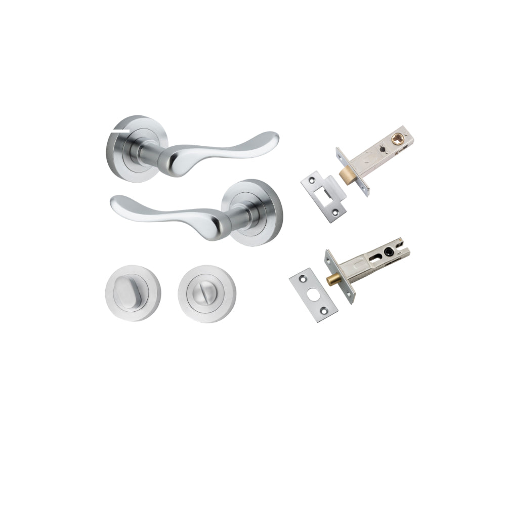 Door Lever Stirling Round Rose Brushed Chrome D52xP64mm Privacy Kit, Tube Latch Split Cam 'T' Striker Brushed Chrome Backset 60mm, Privacy Bolt Round Bolt Brushed Chrome Backset 60mm, Privacy Turn Oval Concealed Fix Round Brushed Chrome D52xP23mm in Brushed Chrome