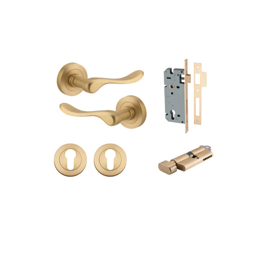 Door Lever Stirling Round Rose Brushed Brass D52xP64mm Entrance Kit, Mortice Lock Euro Brushed Brass CTC85mm Backset 60mm, Euro Cylinder Key Thumb 6 Pin Brushed Brass L70mm  
 KA1, Escutcheon Euro Concealed Fix Round Pair Brushed Brass D52xP10mm in Brush