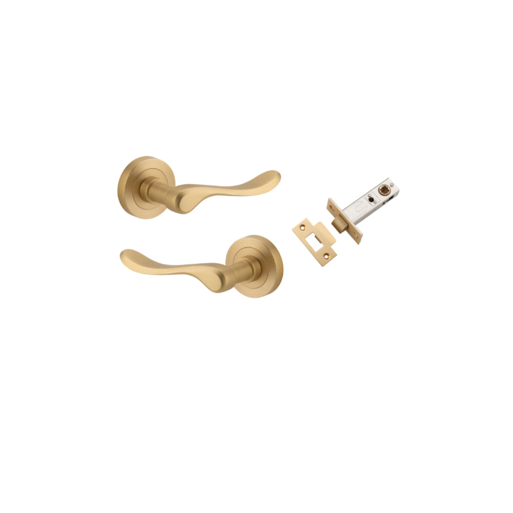 Door Lever Stirling Round Rose Brushed Brass D52xP64mm Passage Kit, Tube Latch Split Cam 'T' Striker Brushed Brass Backset 60mm in Brushed Brass