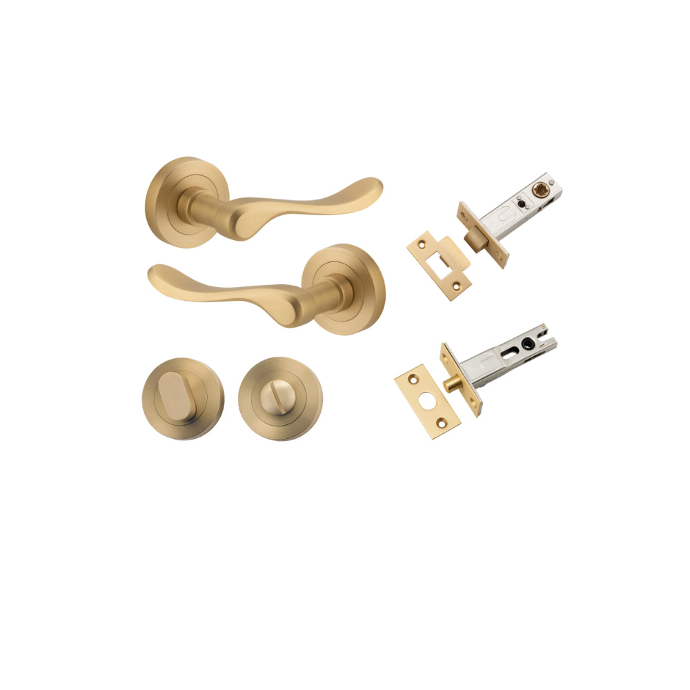 Door Lever Stirling Round Rose Brushed Brass D52xP64mm Privacy Kit, Tube Latch Split Cam 'T' Striker Brushed Brass Backset 60mm, Privacy Bolt Round Bolt Brushed Brass Backset 60mm, Privacy Turn Oval Concealed Fix Round Brushed Brass D52xP23mm in Brushed Brass