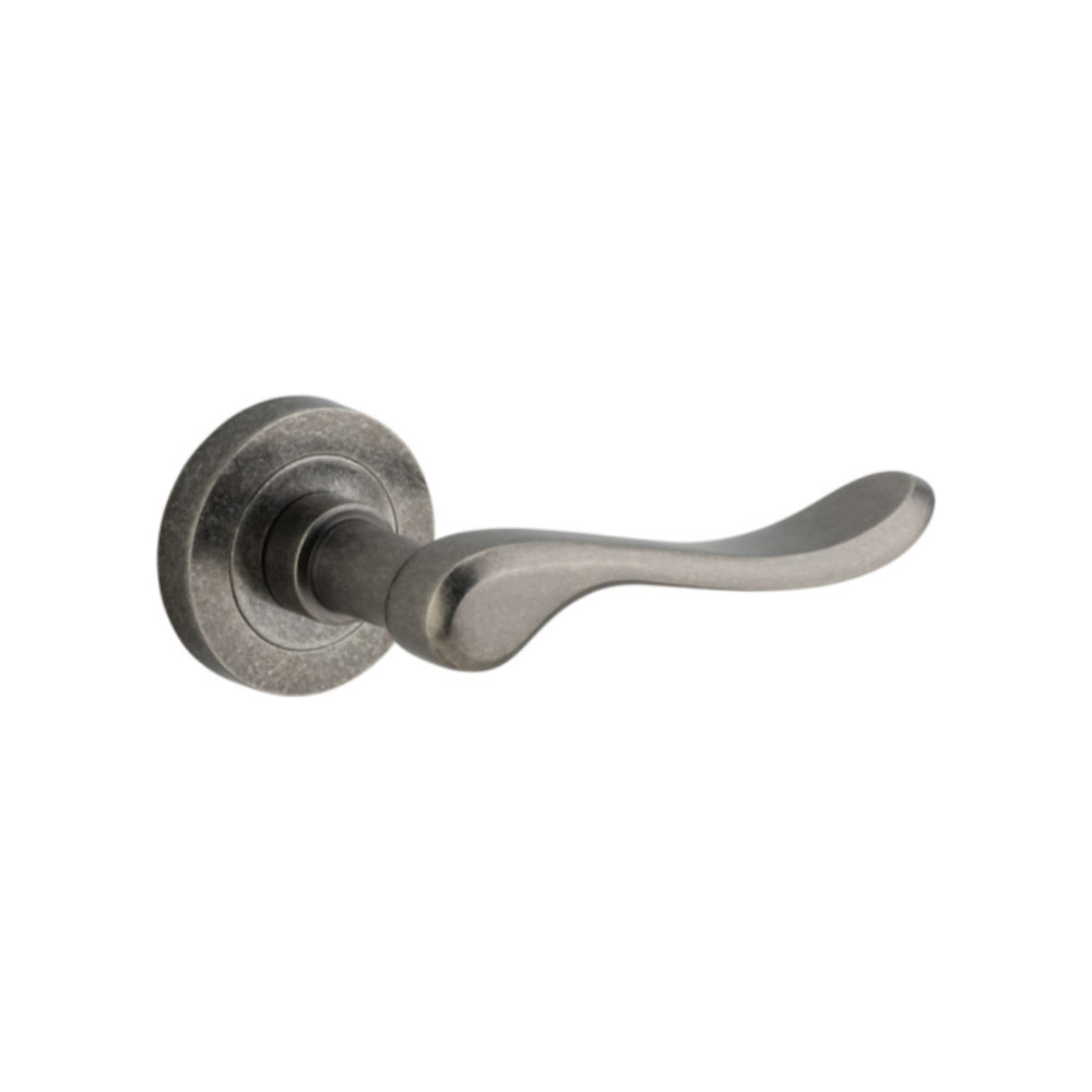 Door Lever Stirling Round Rose Distressed Nickel D52xP64mm
(Latch/Lock Sold Separately) in Distressed Nickel