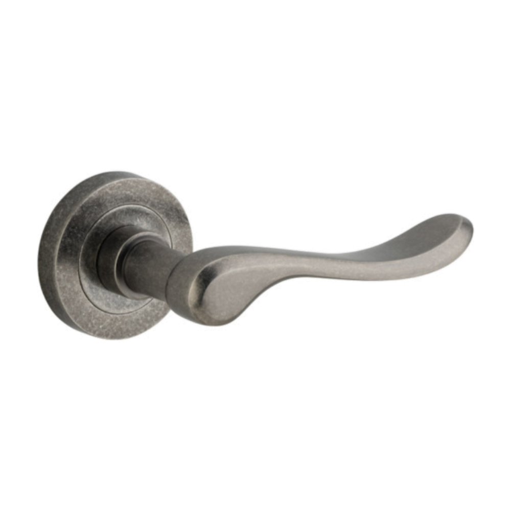 Door Lever Stirling Round Rose Distressed Nickel D52xP64mm
(Latch/Lock Sold Separately) in Distressed Nickel