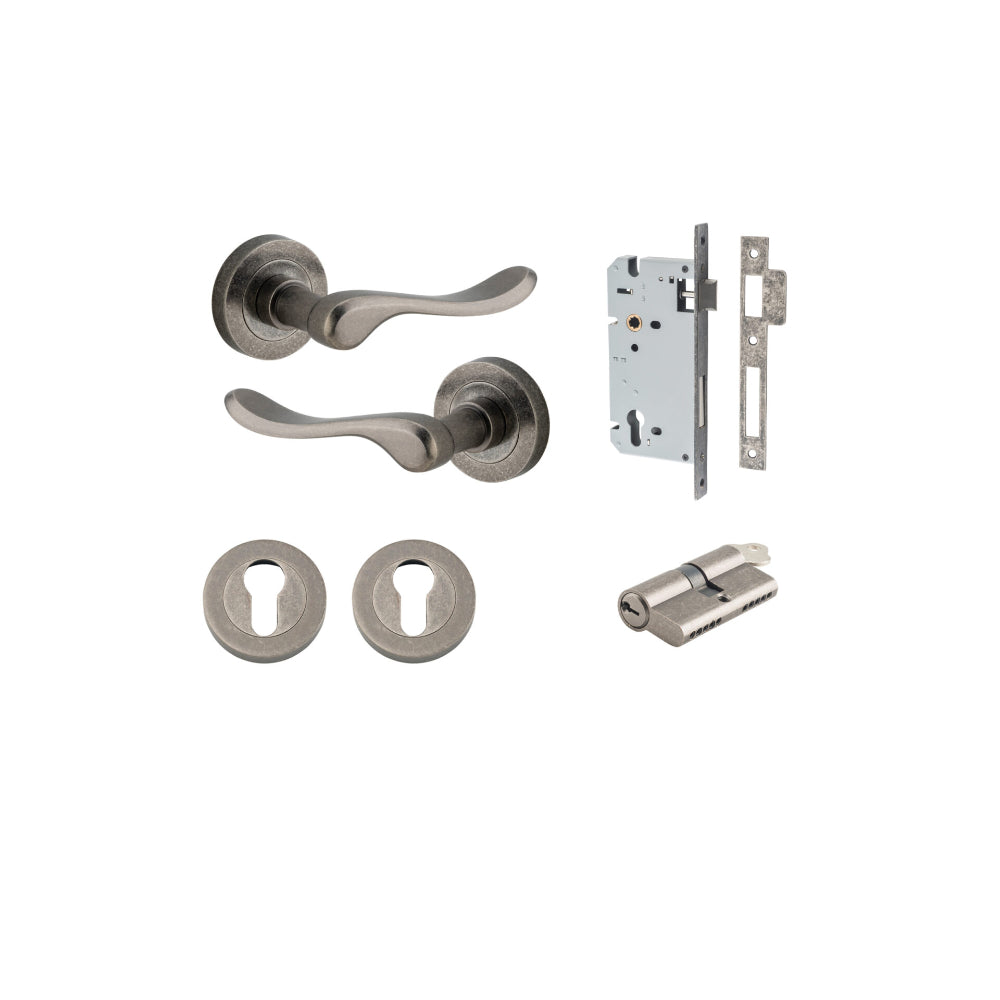 Door Lever Stirling Round Rose Distressed Nickel D52xP64mm Entrance Kit, Mortice Lock Euro Distressed Nickel CTC85mm Backset 60mm, Euro Cylinder Dual Function 5 Pin Distressed Nickel L65mm KA1, Escutcheon Euro Concealed Fix Round Pair Distressed N… in Distressed Nickel