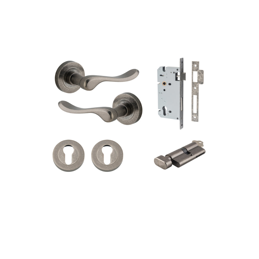 Door Lever Stirling Round Rose Distressed Nickel D52xP64mm Entrance Kit, Mortice Lock Euro Distressed Nickel CTC85mm Backset 60mm, Euro Cylinder Key Thumb 6 Pin Distressed Nickel L70mm KA1, Escutcheon Euro Concealed Fix Round Pair Distressed Nicke… in Distressed Nickel