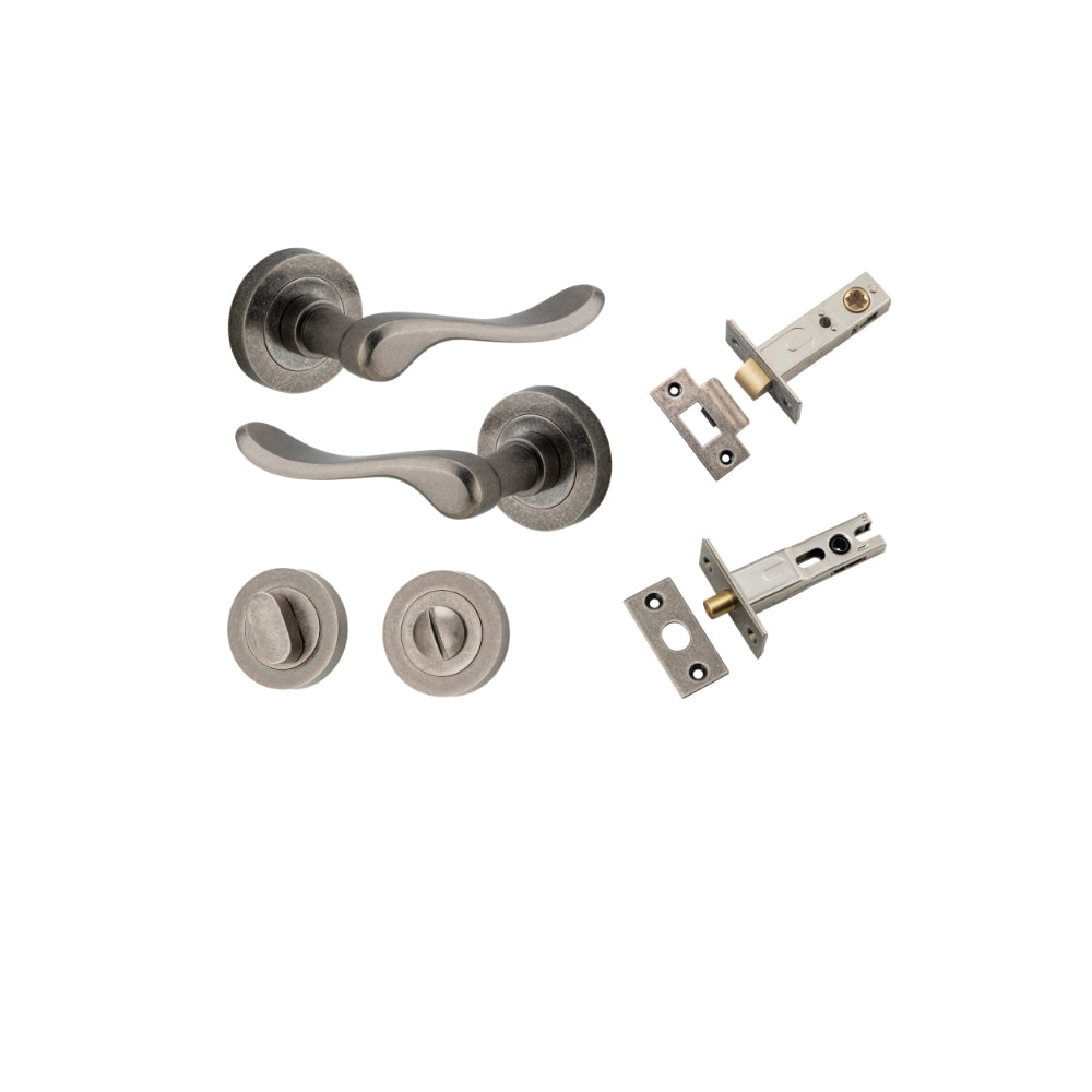 Door Lever Stirling Round Rose Distressed Nickel D52xP64mm Privacy Kit, Tube Latch Split Cam 'T' Striker Distressed Nickel Backset 60mm, Privacy Bolt Round Bolt Distressed Nickel Backset 60mm, Privacy Turn Oval Concealed Fix Round Distressed Nicke… in Distressed Nickel