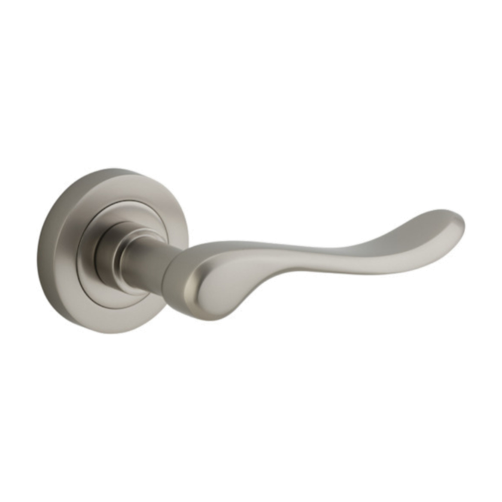 Door Lever Stirling Round Rose Satin Nickel D52xP64mm
(Latch/Lock Sold Separately) in Satin Nickel