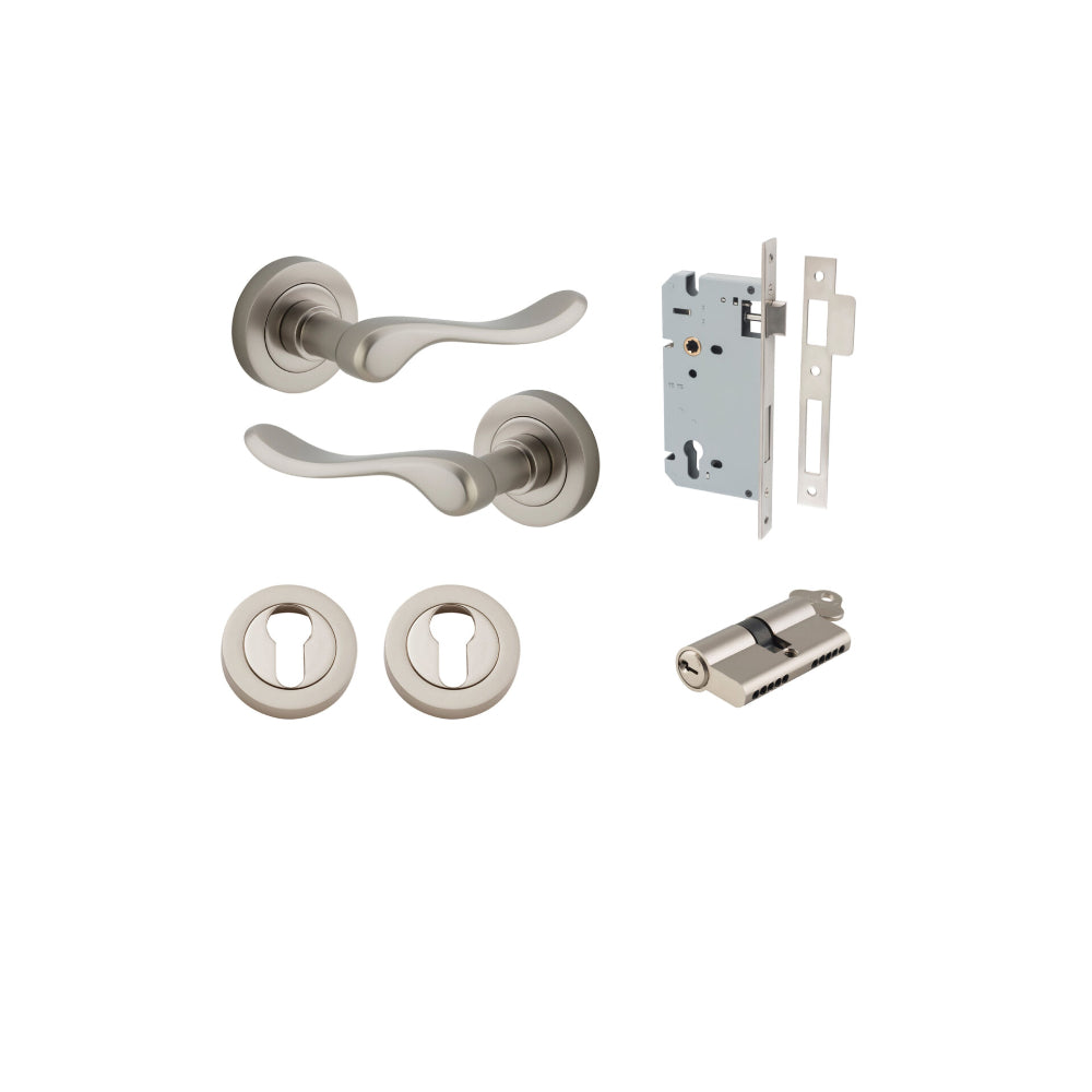 Door Lever Stirling Round Rose Satin Nickel D52xP64mm Entrance Kit, Mortice Lock Euro Satin Nickel CTC85mm Backset 60mm, Euro Cylinder Dual Function 5 Pin Satin Nickel L65mm KA1, Escutcheon Euro Concealed Fix Round Pair Satin Nickel D52xP10mm in Satin Nickel