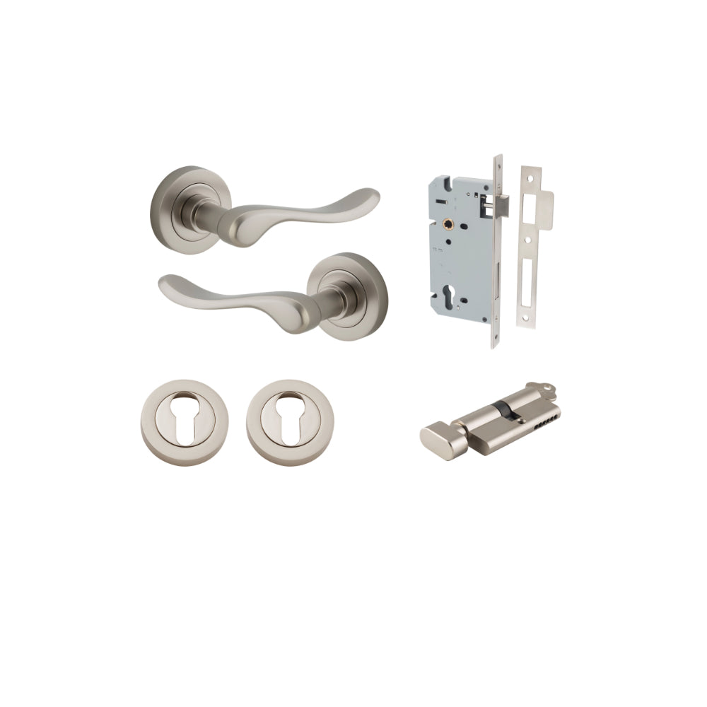 Door Lever Stirling Round Rose Satin Nickel D52xP64mm Entrance Kit, Mortice Lock Euro Satin Nickel CTC85mm Backset 60mm, Euro Cylinder Key Thumb 5 Pin Polished Brass 65mm KA4, Escutcheon Euro Concealed Fix Round Pair Polished Brass D52xP10mm in Satin Nickel
