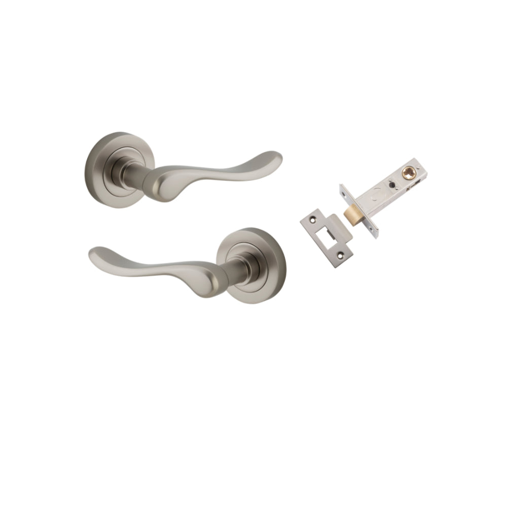 Door Lever Stirling Round Rose Satin Nickel D52xP64mm Passage Kit, Tube Latch Split Cam 'T' Striker Satin Nickel Backset 60mm in Satin Nickel