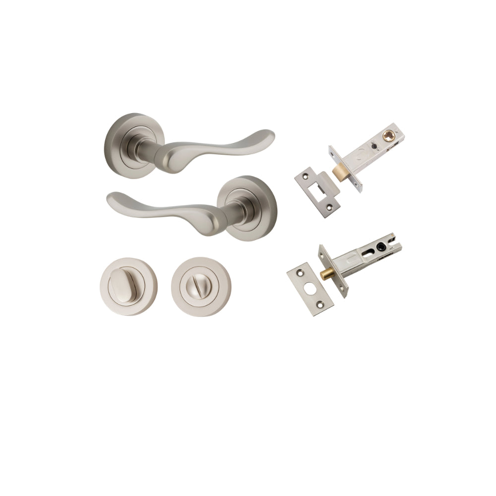 Door Lever Stirling Round Rose Satin Nickel D52xP64mm Privacy Kit, Tube Latch Split Cam 'T' Striker Satin Nickel Backset 60mm, Privacy Bolt Round Bolt Satin Nickel Backset 60mm, Privacy Turn Oval Concealed Fix Round Satin Nickel D52xP23mm in Satin Nickel