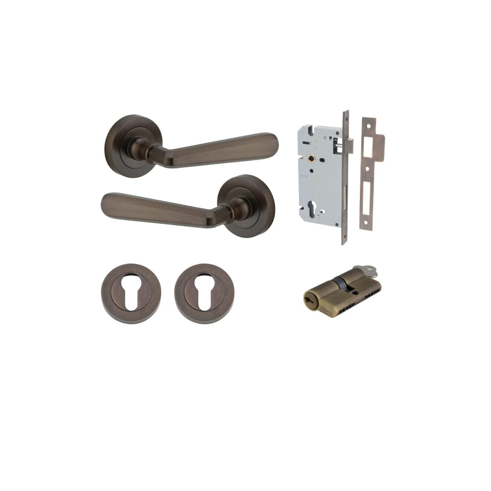 Door Lever Copenhagen Round Rose Signature Brass D52xP61mm Entrance Kit, Mortice Lock Euro Signature Brass CTC85mm Backset 60mm, Euro Cylinder Dual Function 5 Pin Signature Brass L65mm KA1, Escutcheon Euro Concealed Fix Round Pair Signature Brass D… in Signature Brass