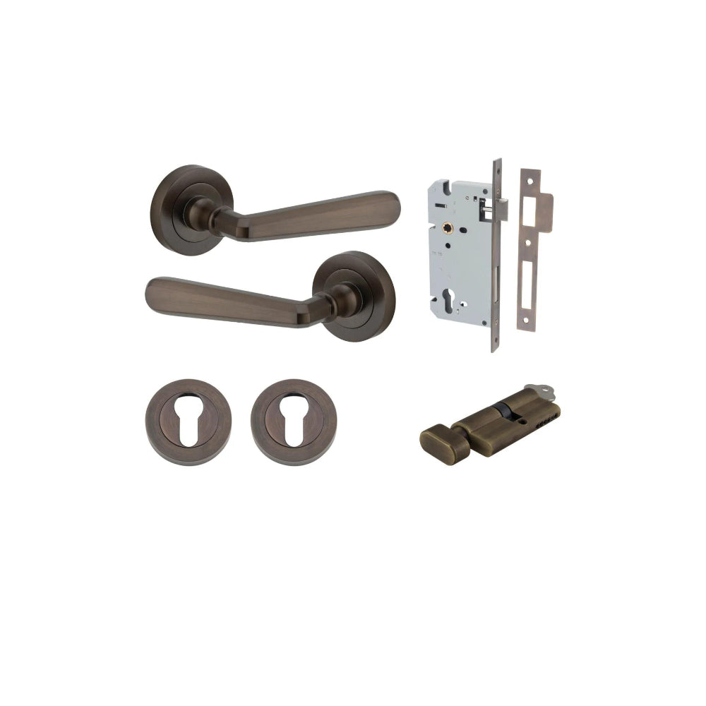 Door Lever Copenhagen Round Rose Signature Brass D52xP61mm Entrance Kit, Mortice Lock Euro Signature Brass CTC85mm Backset 60mm, Euro Cylinder Key Thumb 6 Pin Signature Brass L70mm KA1, Escutcheon Euro Concealed Fix Round Pair Signature Brass D52x… in Signature Brass