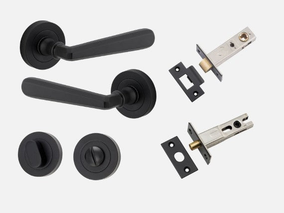 Door Lever Copenhagen Round Rose Matt Black D52xP61mm Privacy Kit, Tube Latch Split Cam 'T' Striker Matt Black Backset 60mm, Privacy Bolt Round Bolt Matt Black Backset 60mm, Privacy Turn Oval Concealed Fix Round Matt Black D52xP23mm in Matt Black