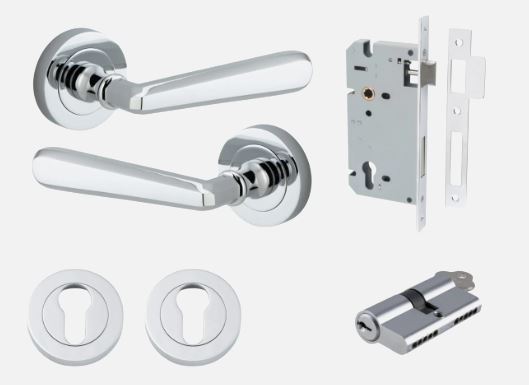 Door Lever Copenhagen Round Rose Polished Chrome D52xP61mm Entrance Kit, Mortice Lock Euro Polished Chrome CTC85mm Backset 60mm, Euro Cylinder Dual Function 5 Pin Polished Chrome L65mm KA1, Escutcheon Euro Concealed Fix Round Pair Polished Chrome … in Polished Chrome