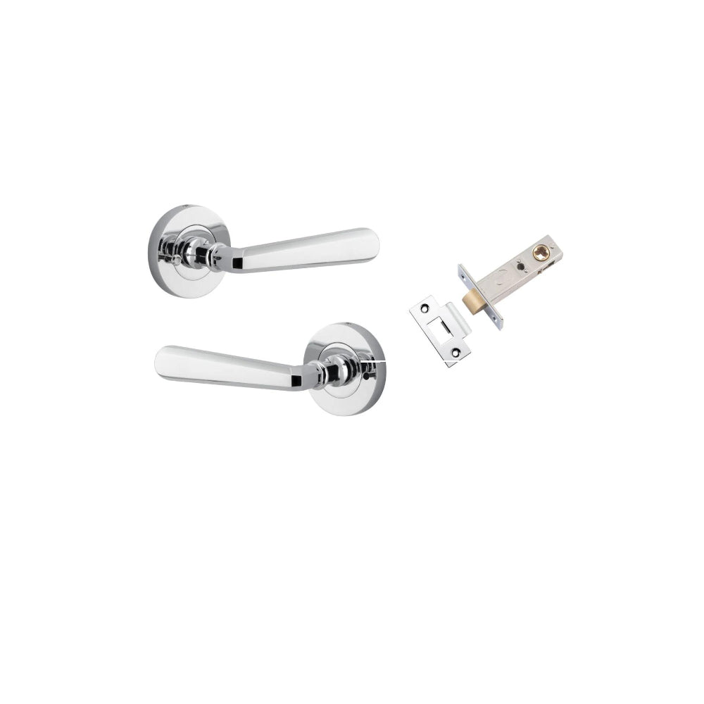 Door Lever Copenhagen Round Rose Polished Chrome D52xP61mm Privacy Kit, Tube Latch Split Cam 'T' Striker Polished Chrome Backset 60mm, Privacy Bolt Round Bolt Polished Chrome Backset 60mm, Privacy Turn Oval Concealed Fix Round Polished Chrome D52x… in Polished Chrome
