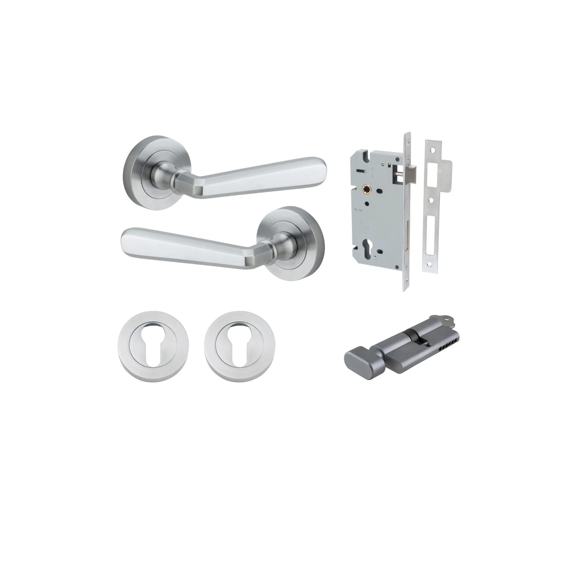 Door Lever Copenhagen Round Rose Brushed Chrome D52xP61mm Entrance Kit, Mortice Lock Euro Brushed Chrome CTC85mm Backset 60mm, Euro Cylinder Key Thumb 6 Pin Brushed Chrome L70mm KA1, Escutcheon Euro Concealed Fix Round Pair Brushed Chrome D52xP10mm in Brushed Chrome