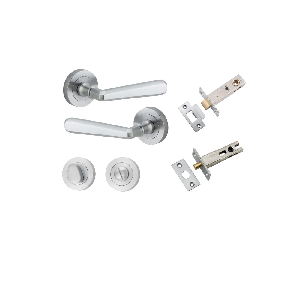 Door Lever Copenhagen Round Rose Brushed Chrome D52xP61mm Privacy Kit, Tube Latch Split Cam 'T' Striker Brushed Chrome Backset 60mm, Privacy Bolt Round Bolt Brushed Chrome Backset 60mm, Privacy Turn Oval Concealed Fix Round Brushed Chrome D52xP23mm in Brushed Chrome