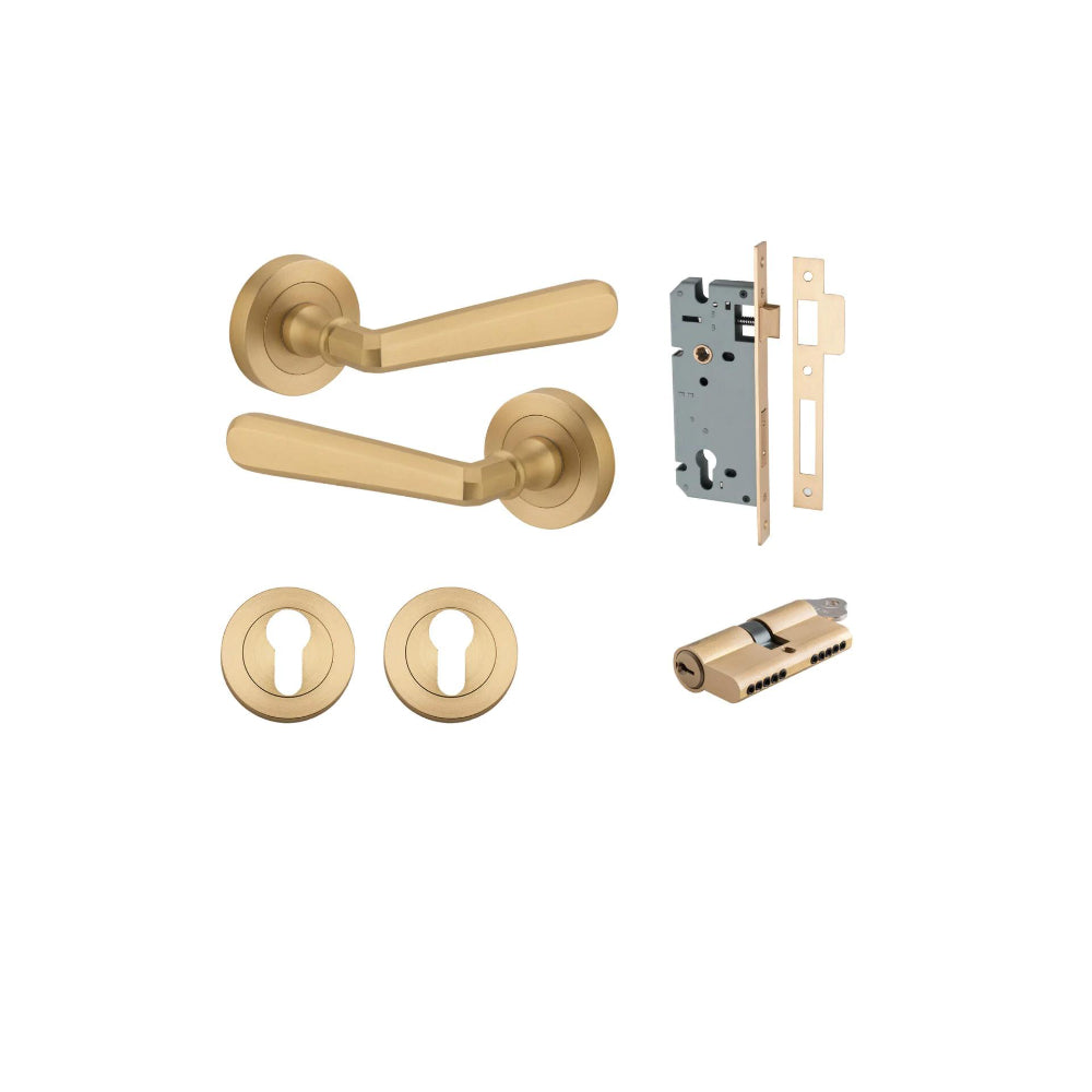 Door Lever Copenhagen Round Rose Brushed Brass D52xP61mm Entrance Kit, Mortice Lock Euro Brushed Brass CTC85mm Backset 60mm, Euro Cylinder Dual Function 5 Pin Brushed Brass L65mm KA1, Escutcheon Euro Concealed Fix Round Pair Brushed Brass D52xP10mm in Brushed Brass