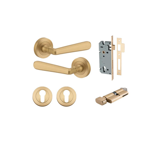 Door Lever Copenhagen Round Rose Brushed Brass D52xP61mm Entrance Kit, Mortice Lock Euro Brushed Brass CTC85mm Backset 60mm, Euro Cylinder Key Thumb 6 Pin Brushed Brass L70mm  
 KA1, Escutcheon Euro Concealed Fix Round Pair Brushed Brass D52xP10mm in Bru