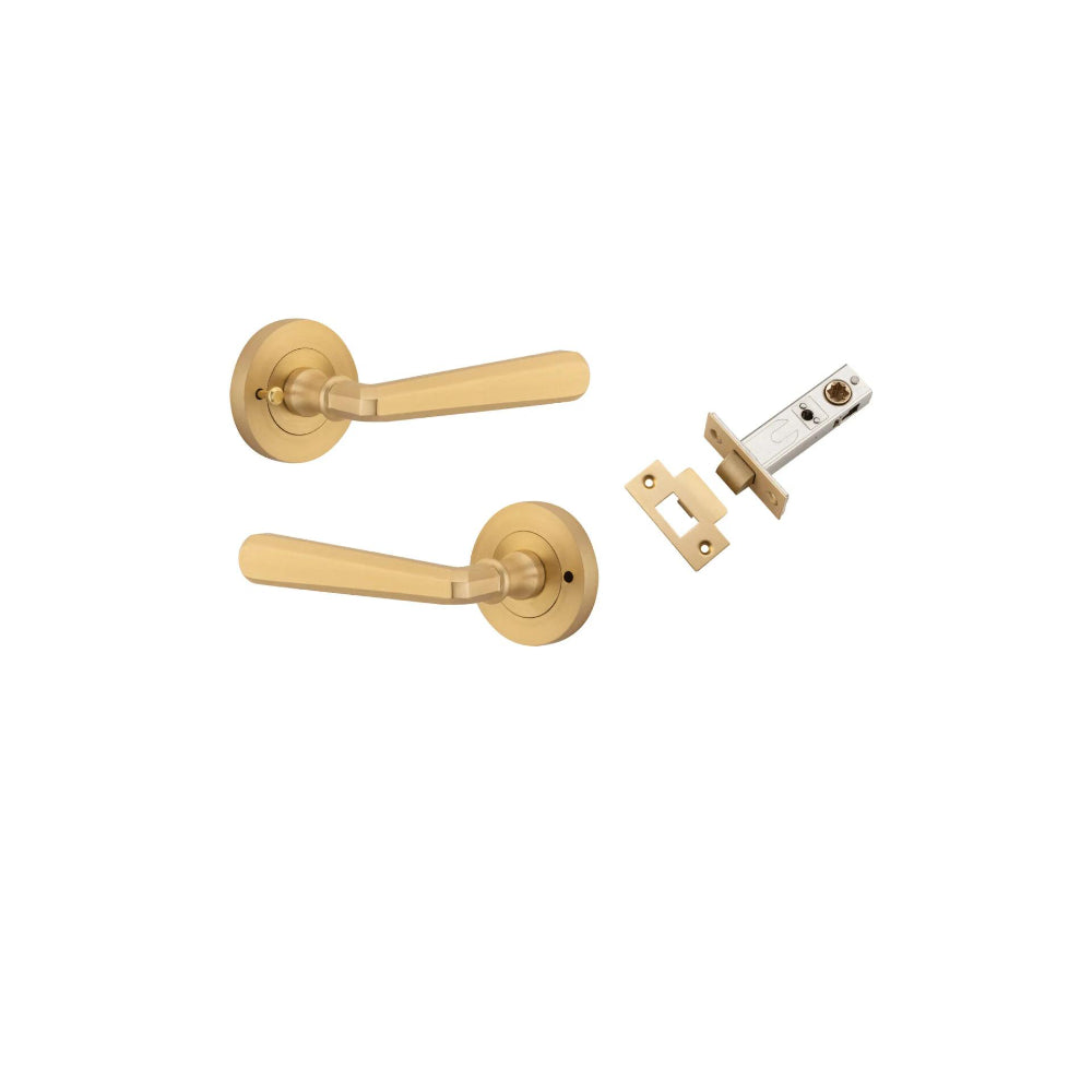 Door Lever Copenhagen Round Rose Brushed Brass D52xP61mm Privacy Kit, Tube Latch Split Cam 'T' Striker Brushed Brass Backset 60mm, Privacy Bolt Round Bolt Brushed Brass Backset 60mm, Privacy Turn Oval Concealed Fix Round Brushed Brass D52xP23mm in Brushed