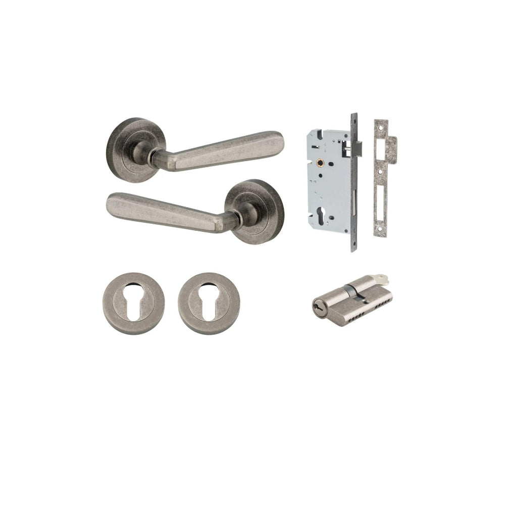 Door Lever Copenhagen Round Rose Distressed Nickel D52xP61mm Entrance Kit, Mortice Lock Euro Distressed Nickel CTC85mm Backset 60mm, Euro Cylinder Dual Function 5 Pin Distressed Nickel L65mm KA1, Escutcheon Euro Concealed Fix Round Pair Distressed… in Distressed Nickel