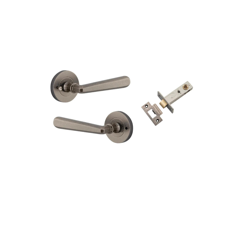 Door Lever Copenhagen Round Rose Distressed Nickel D52xP61mm Privacy Kit, Tube Latch Split Cam 'T' Striker Distressed Nickel Backset 60mm, Privacy Bolt Round Bolt Distressed Nickel Backset 60mm, Privacy Turn Oval Concealed Fix Round Distressed Nic… in Distressed Nickel