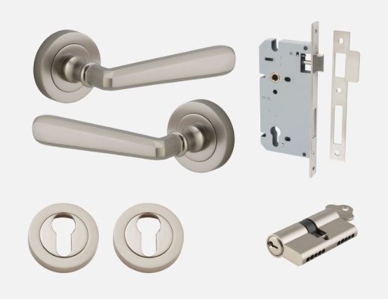 Door Lever Copenhagen Round Rose Satin Nickel D52xP61mm Entrance Kit, Mortice Lock Euro Satin Nickel CTC85mm Backset 60mm, Euro Cylinder Dual Function 5 Pin Satin Nickel L65mm KA1, Escutcheon Euro Concealed Fix Round Pair Satin Nickel D52xP10mm in Satin Nickel