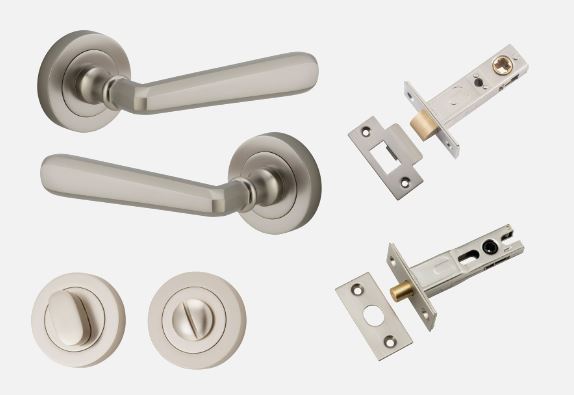 Door Lever Copenhagen Round Rose Satin Nickel D52xP61mm Privacy Kit, Tube Latch Split Cam 'T' Striker Satin Nickel Backset 60mm, Privacy Bolt Round Bolt Satin Nickel Backset 60mm, Privacy Turn Oval Concealed Fix Round Satin Nickel D52xP23mm in Satin Nickel