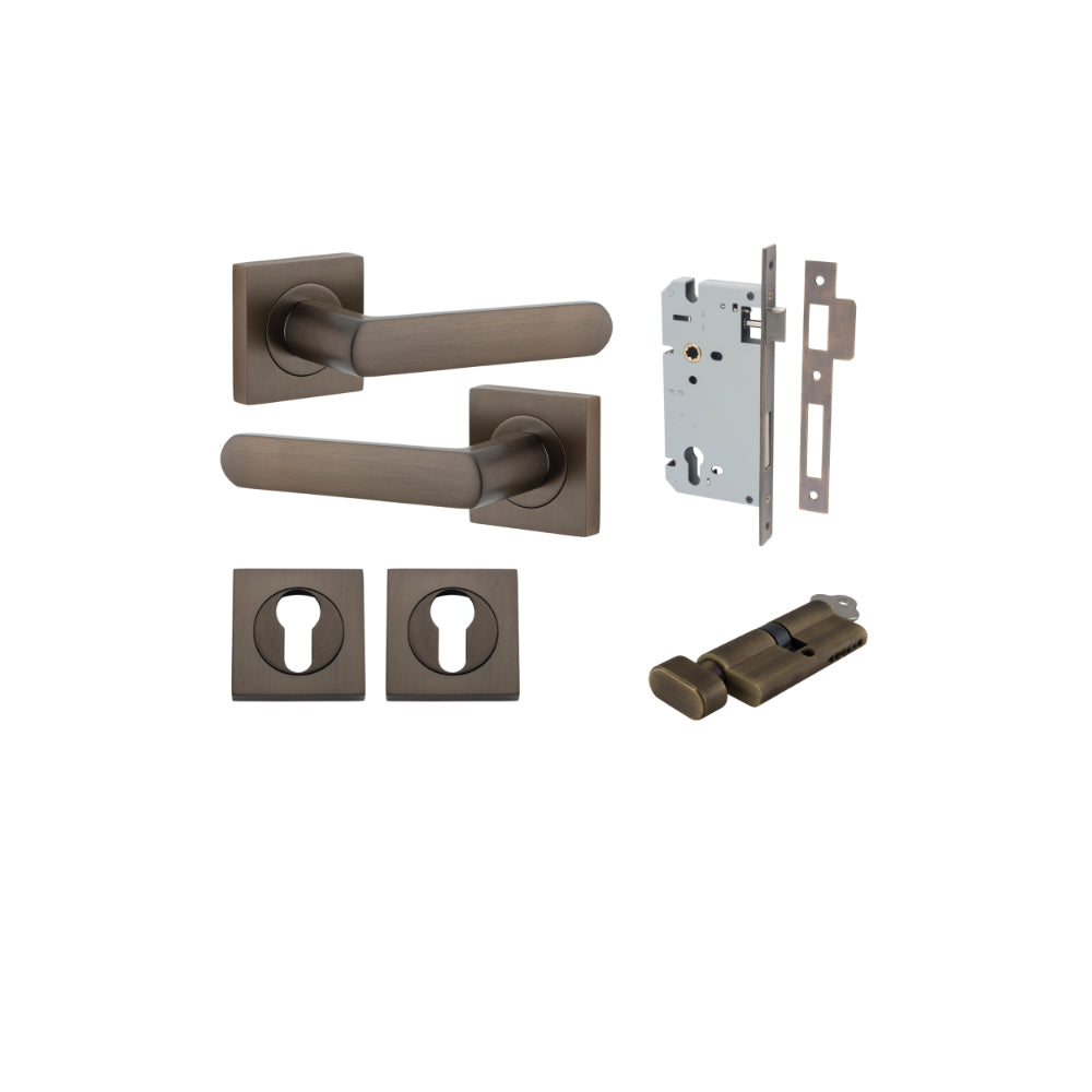 Door Lever Osaka Square Rose Signature Brass H52xW52xP55mm Entrance Kit, Mortice Lock Euro Signature Brass CTC85mm Backset 60mm, Euro Cylinder Key Thumb 6 Pin Signature Brass L70mm KA1, Escutcheon Euro Concealed Fix Square Pair Signature Brass H52… in Signature Brass