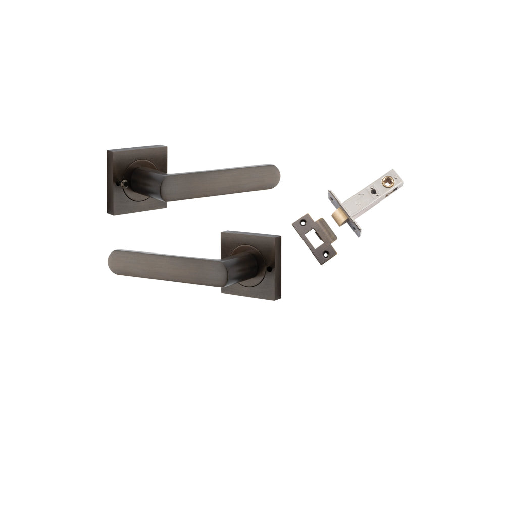 Door Lever Osaka Square Rose Inbuilt Privacy Pair Signature Brass H52xW52xP55mm with Tube Latch Privacy with Faceplate & T Striker Backset 60mm in Signature Brass