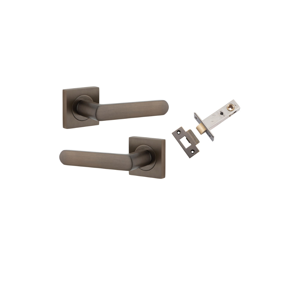 Door Lever Osaka Square Rose Signature Brass H52xW52xP55mm Passage Kit, Tube Latch Split Cam 'T' Striker Signature Brass Backset 60mm in Signature Brass