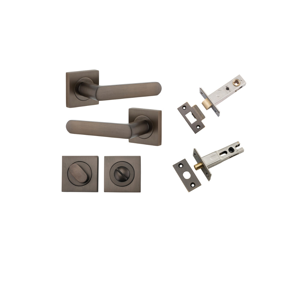 Door Lever Osaka Square Rose Signature Brass H52xW52xP55mm Privacy Kit, Tube Latch Split Cam 'T' Striker Signature Brass Backset 60mm, Privacy Bolt Round Bolt Signature Brass Backset 60mm, Privacy Turn Oval Concealed Fix Square Signature Brass H52… in Signature Brass