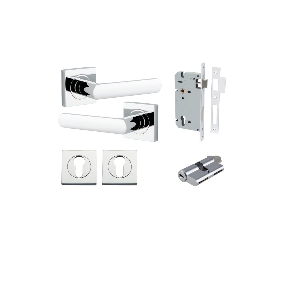 Door Lever Osaka Square Rose Polished Chrome H52xW52xP55mm Entrance Kit, Mortice Lock Euro Polished Chrome CTC85mm Backset 60mm, Euro Cylinder Dual Function 5 Pin Polished Chrome L65mm KA1, Escutcheon Euro Concealed Fix Square Pair Polished Chrome… in Polished Chrome