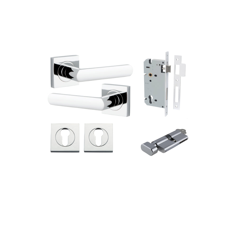 Door Lever Osaka Square Rose Polished Chrome H52xW52xP55mm Entrance Kit, Mortice Lock Euro Polished Chrome CTC85mm Backset 60mm, Euro Cylinder Key Thumb 6 Pin Polished Chrome L70mm KA1, Escutcheon Euro Concealed Fix Square Pair Polished Chrome H52… in Polished Chrome