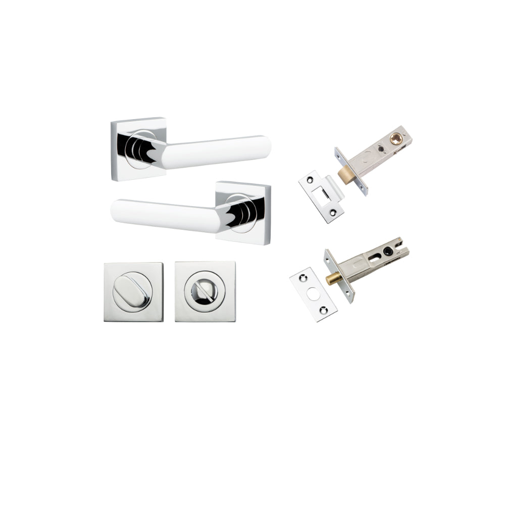 Door Lever Osaka Square Rose Polished Chrome H52xW52xP55mm Privacy Kit, Tube Latch Split Cam 'T' Striker Polished Chrome Backset 60mm, Privacy Bolt Round Bolt Polished Chrome Backset 60mm, Privacy Turn Oval Concealed Fix Square Polished Chrome H52… in Polished Chrome