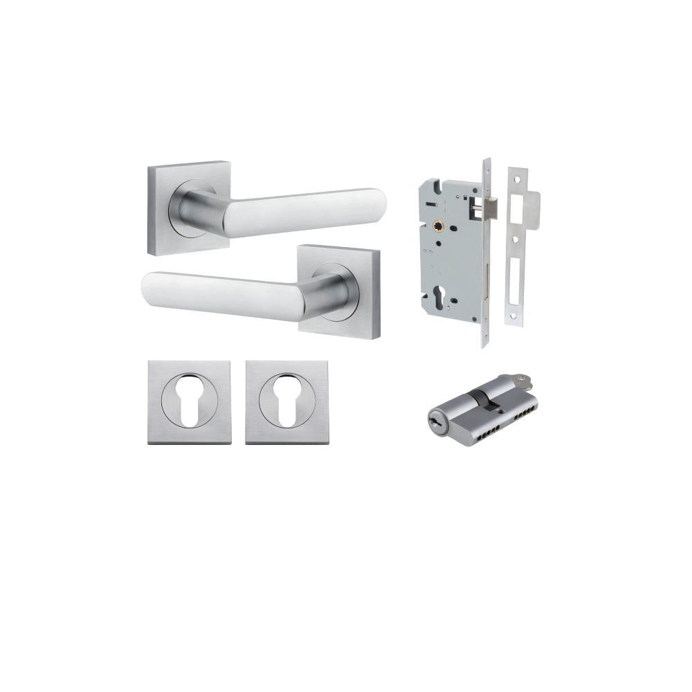 Door Lever Osaka Square Rose Brushed Chrome H52xW52xP55mm Entrance Kit, Mortice Lock Euro Brushed Chrome CTC85mm Backset 60mm, Euro Cylinder Dual Function 5 Pin Brushed Chrome L65mm KA1, Escutcheon Euro Concealed Fix Square Pair Brushed Chrome H52… in Brushed Chrome