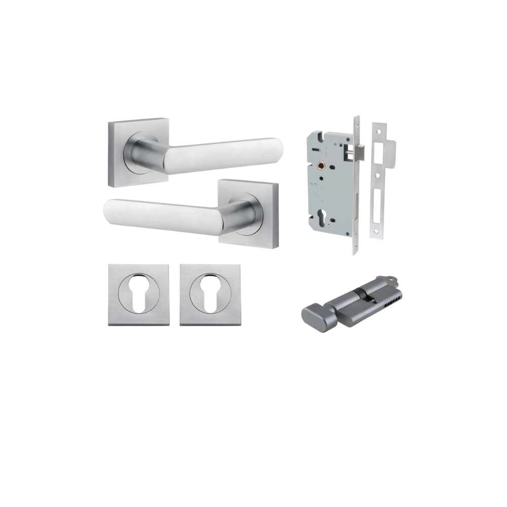 Door Lever Osaka Square Rose Brushed Chrome H52xW52xP55mm Entrance Kit, Mortice Lock Euro Brushed Chrome CTC85mm Backset 60mm, Euro Cylinder Key Thumb 6 Pin Brushed Chrome L70mm KA1, Escutcheon Euro Concealed Fix Square Pair Brushed Chrome H52xW52… in Brushed Chrome