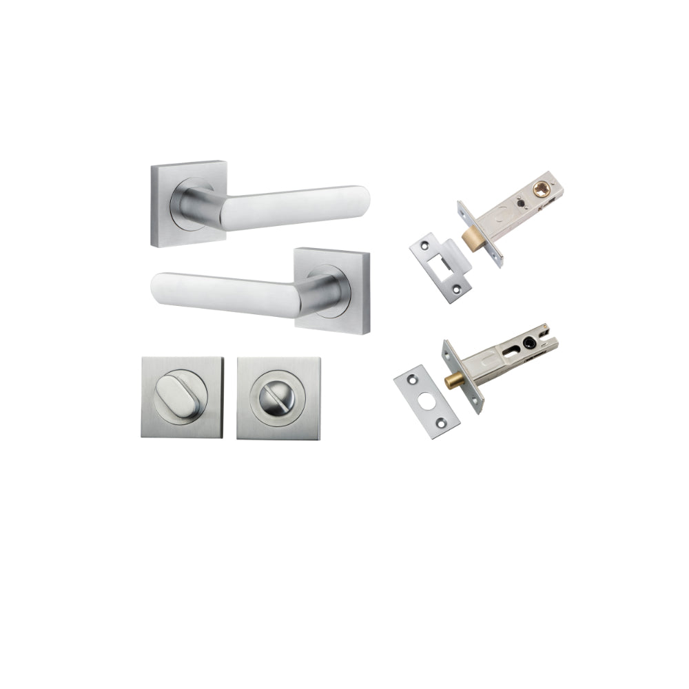 Door Lever Osaka Square Rose Brushed Chrome H52xW52xP55mm Privacy Kit, Tube Latch Split Cam 'T' Striker Brushed Chrome Backset 60mm, Privacy Bolt Round Bolt Brushed Chrome Backset 60mm, Privacy Turn Oval Concealed Fix Square Brushed Chrome H52xW52… in Brushed Chrome