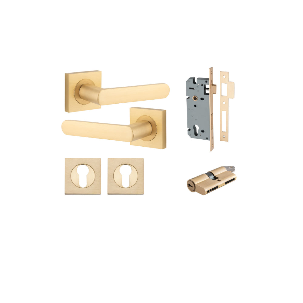 Door Lever Osaka Square Rose Brushed Brass H52xW52xP55mm Entrance Kit, Mortice Lock Euro Brushed Brass CTC85mm Backset 60mm, Euro Cylinder Dual Function 5 Pin Brushed Brass L65mm KA1, Escutcheon Euro Concealed Fix Square Pair Brushed Brass H52xW52… in Brushed Brass
