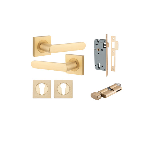 Door Lever Osaka Square Rose Brushed Brass H52xW52xP55mm Entrance Kit, Mortice Lock Euro Brushed Brass CTC85mm Backset 60mm, Euro Cylinder Key Thumb 6 Pin Brushed Brass L70mm  
 KA1, Escutcheon Euro Concealed Fix Square Pair Brushed Brass H52xW52x… in Br
