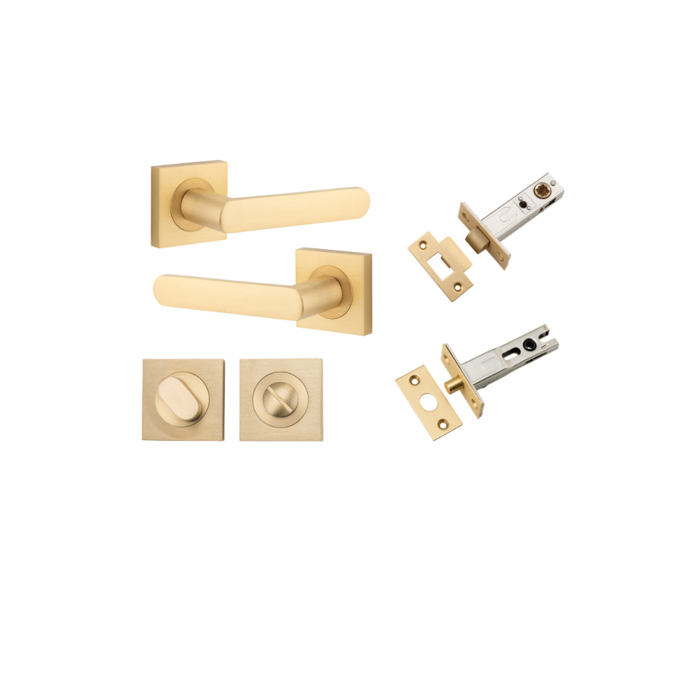 Door Lever Osaka Square Rose Brushed Brass H52xW52xP55mm Privacy Kit, Tube Latch Split Cam 'T' Striker Brushed Brass Backset 60mm, Privacy Bolt Round Bolt Brushed Brass Backset 60mm, Privacy Turn Oval Concealed Fix Square Brushed Brass H52xW52xP23mm in Brushed Brass