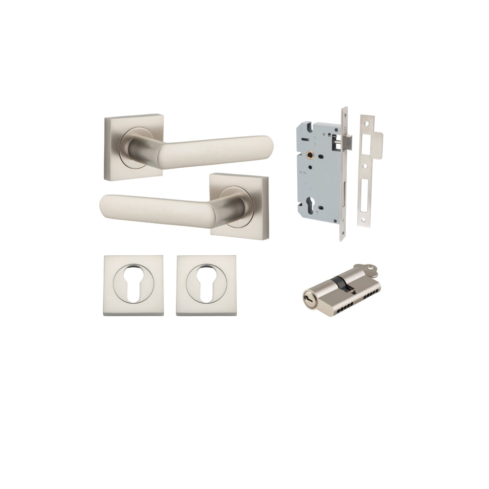 Door Lever Osaka Square Rose Satin Nickel H52xW52xP55mm Entrance Kit, Mortice Lock Euro Satin Nickel CTC85mm Backset 60mm, Euro Cylinder Dual Function 5 Pin Satin Nickel L65mm KA1, Escutcheon Euro Concealed Fix Square Pair Satin Nickel H52xW52xP10mm in Satin Nickel