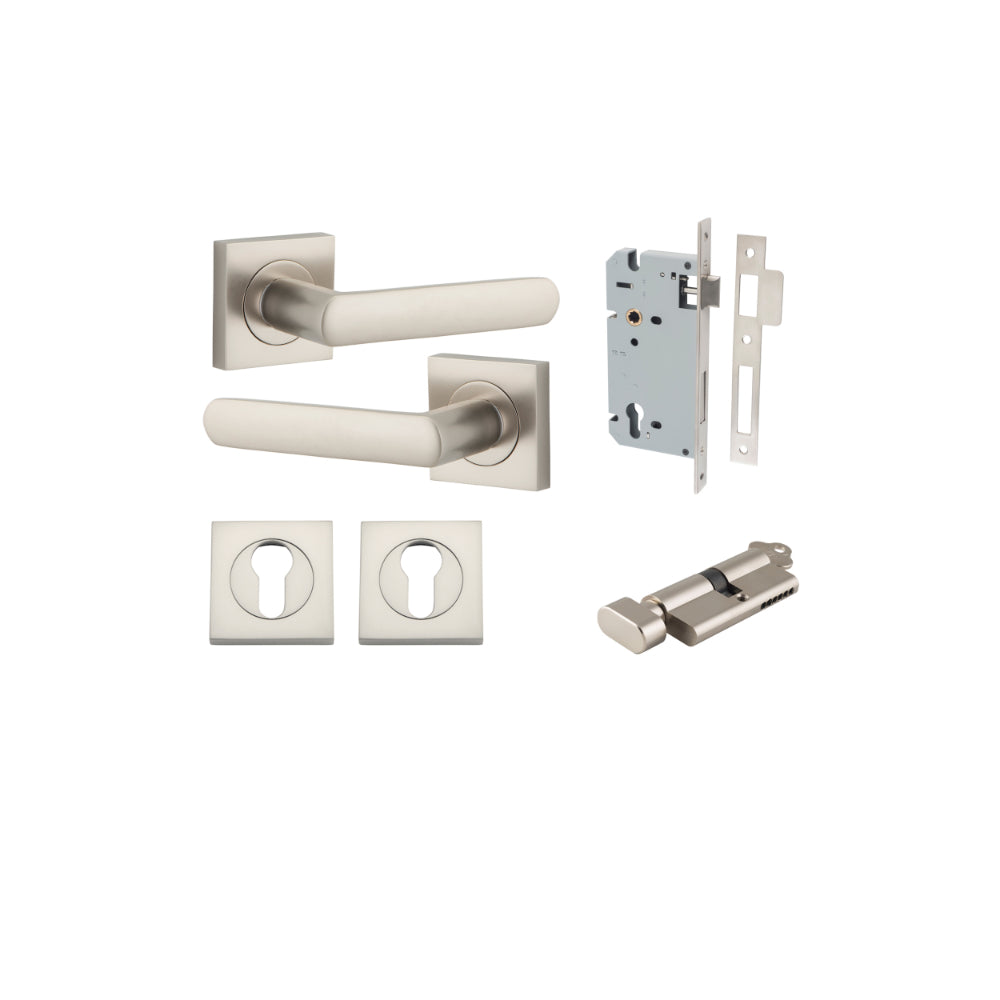 Door Lever Osaka Square Rose Satin Nickel H52xW52xP55mm Entrance Kit, Mortice Lock Euro Satin Nickel CTC85mm Backset 60mm, Euro Cylinder Key Thumb 6 Pin Satin Nickel L70mm KA1, Escutcheon Euro Concealed Fix Square Pair Satin Nickel H52xW52xP10mm in Satin Nickel