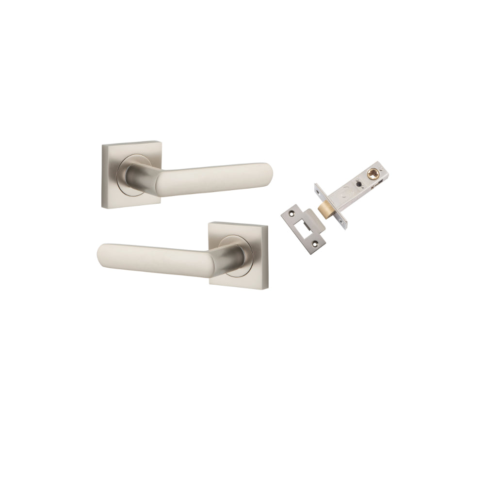Door Lever Osaka Square Rose Satin Nickel H52xW52xP55mm Passage Kit, Tube Latch Split Cam 'T' Striker Satin Nickel Backset 60mm in Satin Nickel