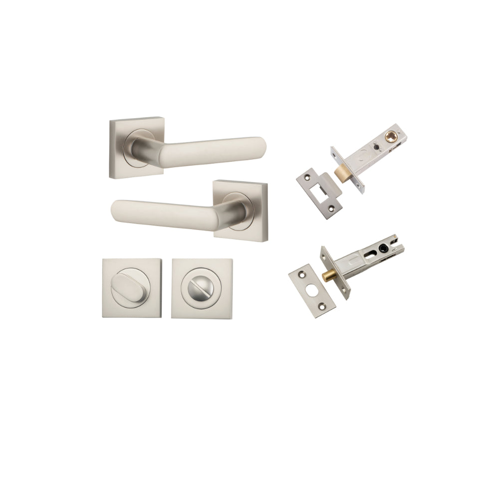 Door Lever Osaka Square Rose Satin Nickel H52xW52xP55mm Privacy Kit, Tube Latch Split Cam 'T' Striker Satin Nickel Backset 60mm, Privacy Bolt Round Bolt Satin Nickel Backset 60mm, Privacy Turn Oval Concealed Fix Square Satin Nickel H52xW52xP23mm in Satin Nickel