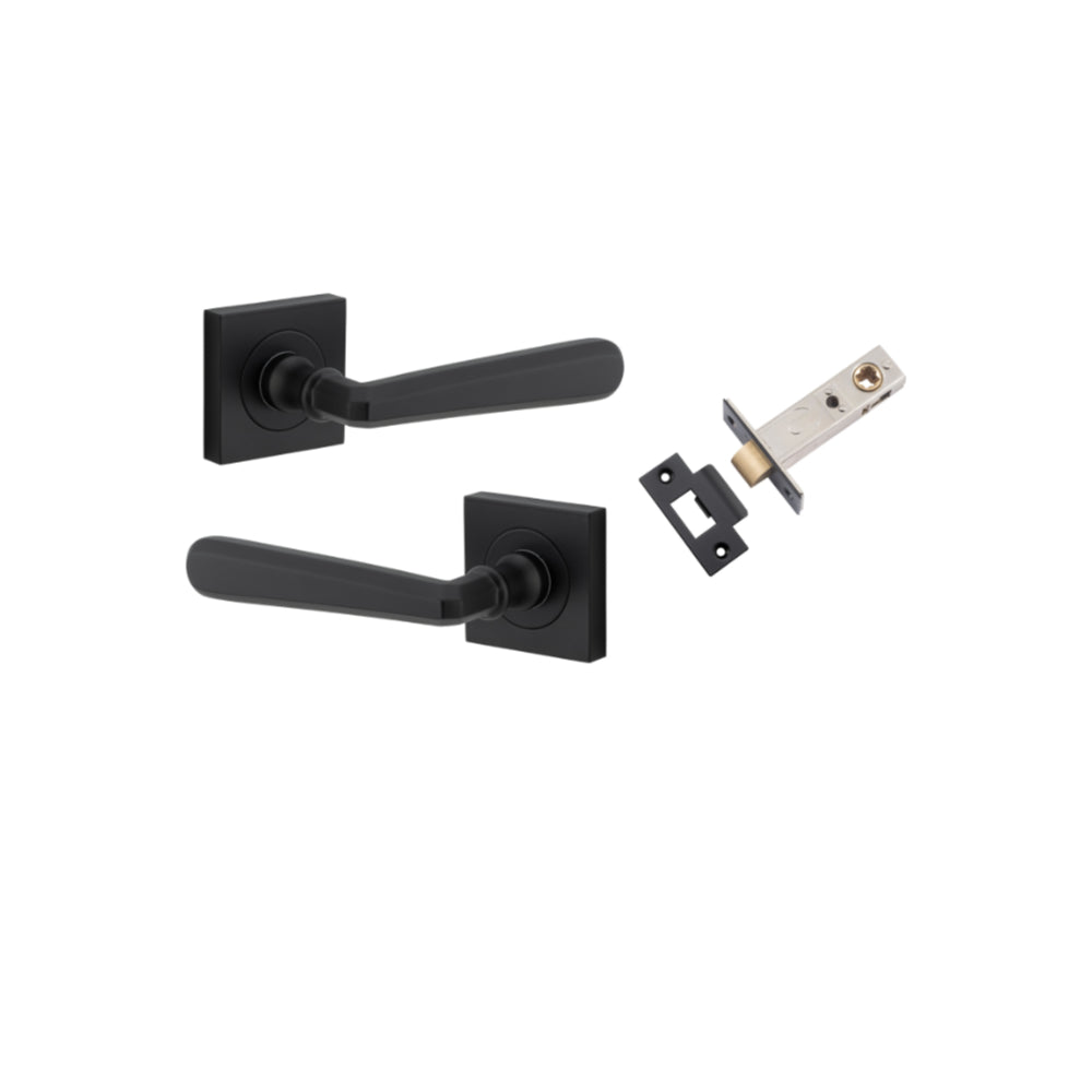 Door Lever Copenhagen Square Rose Matt Black H52xW52xP61mm Passage Kit, Tube Latch Split Cam 'T' Striker Matt Black Backset 60mm in Matt Black