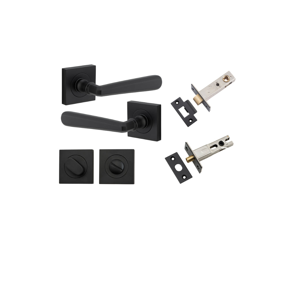 Door Lever Copenhagen Square Rose Matt Black H52xW52xP61mm Privacy Kit, Tube Latch Split Cam 'T' Striker Matt Black Backset 60mm, Privacy Bolt Round Bolt Matt Black Backset 60mm, Privacy Turn Oval Concealed Fix Square Matt Black H52xW52xP23mm in Matt Black
