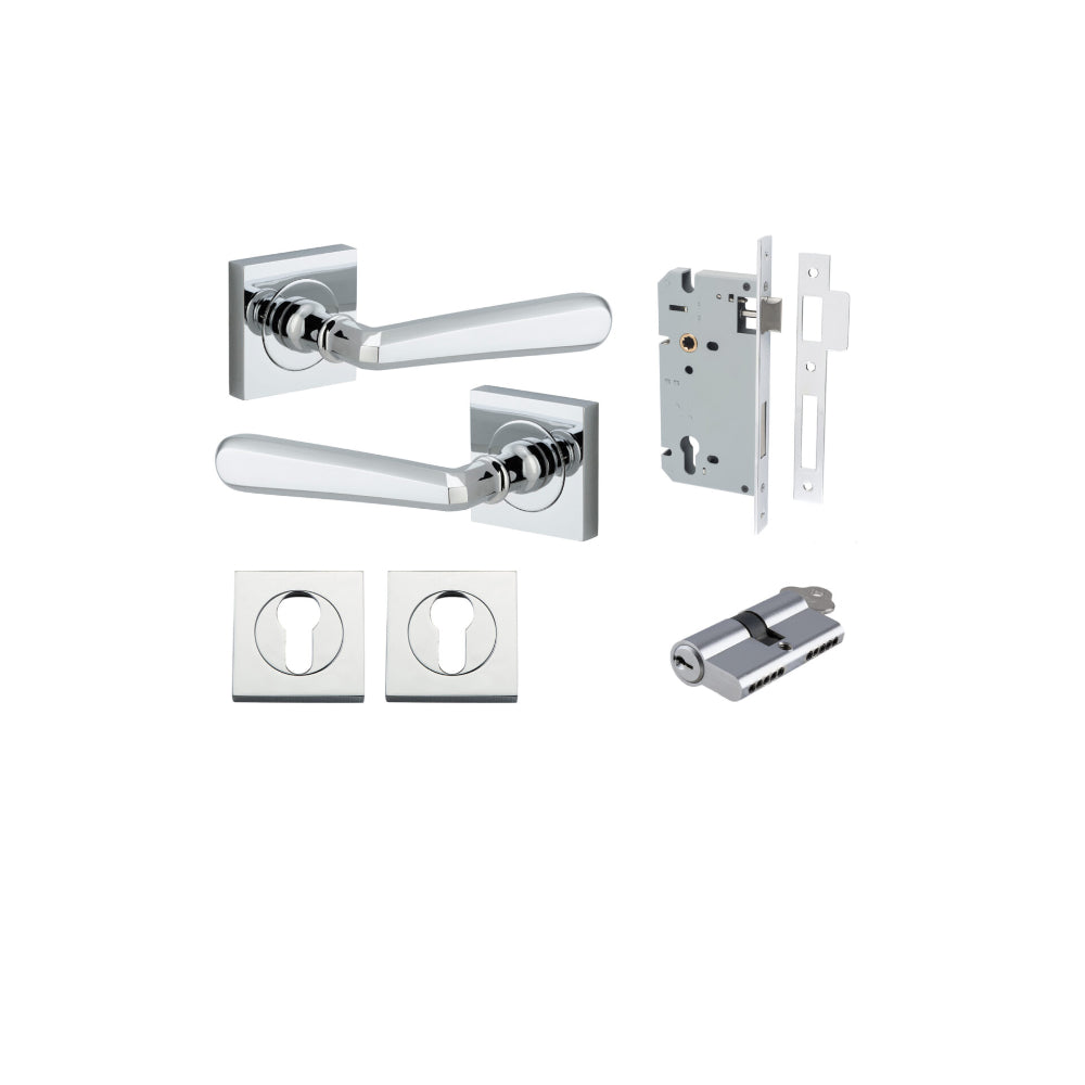 Door Lever Copenhagen Square Rose Polished Chrome H52xW52xP61mm Entrance Kit, Mortice Lock Euro Polished Chrome CTC85mm Backset 60mm, Euro Cylinder Dual Function 5 Pin Polished Chrome L65mm KA1, Escutcheon Euro Concealed Fix Square Pair Polished C… in Polished Chrome