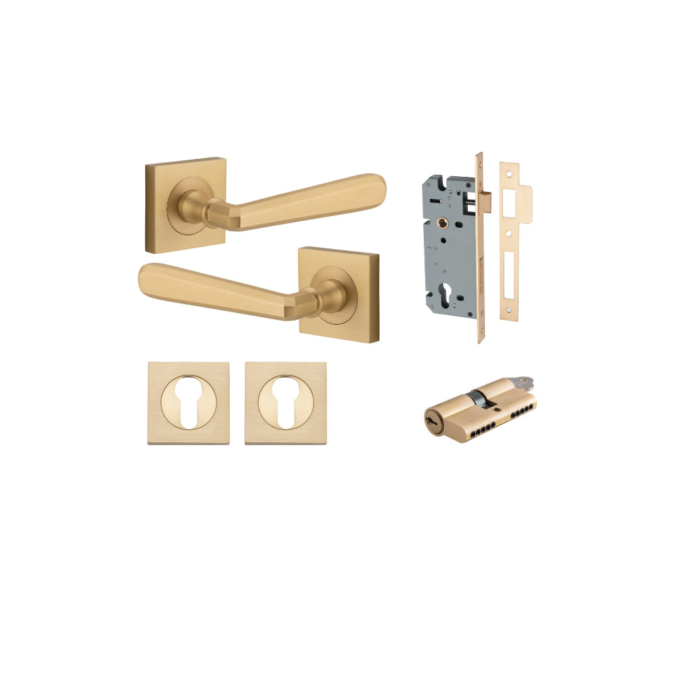 Door Lever Copenhagen Square Rose Brushed Brass H52xW52xP61mm Entrance Kit, Mortice Lock Euro Brushed Brass CTC85mm Backset 60mm, Euro Cylinder Dual Function 5 Pin Brushed Brass L65mm KA1, Escutcheon Euro Concealed Fix Square Pair Brushed Brass H5… in Brushed Brass